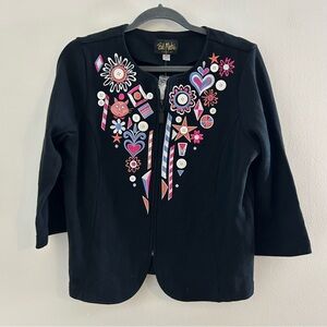 Bob Mackie Full Zip Sweater Cardigan Embroidered Cats Black M Grandma Core NWT